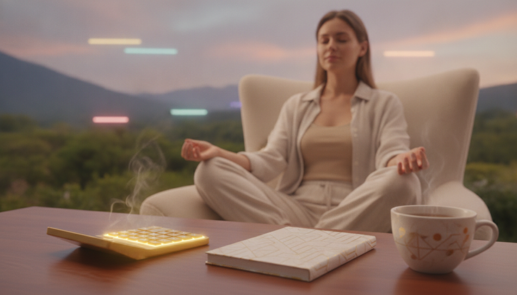 A serene and tranquil workspace, designed to evoke a calm money mindset. In the foreground, a neatly arranged desk featuring a golden calculator, a sleek notebook, and a cup of herbal tea, all emitting a soft glow. The middle layer reveals a relaxed young Caucasian woman in modest casual clothing, practicing mindfulness with closed eyes, seated comfortably on a plush chair. The background is softly blurred, showcasing a dreamy landscape of lush greenery and faint mountains under a pastel sky, illuminated by warm, inviting neon colors. The atmosphere is peaceful and focused, radiating a sense of harmony and financial clarity, captured with a soft-focus lens to enhance the dreamy quality of the scene.