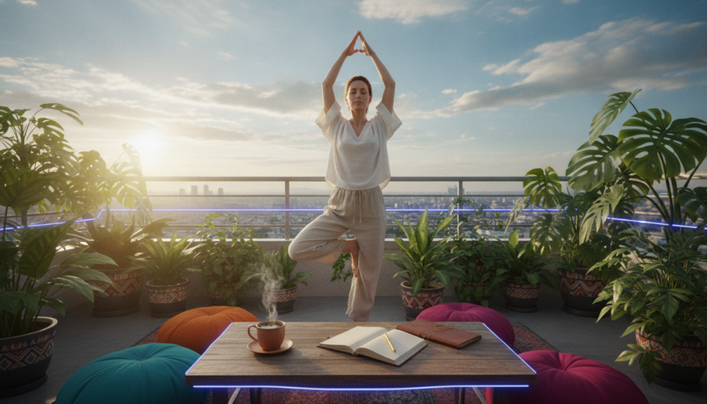 A serene and uplifting morning routine featuring a young Caucasian woman in modest casual clothing, practicing yoga on a sunlit balcony. In the foreground, she is gracefully performing a yoga pose, surrounded by vibrant indoor plants and colorful cushions. In the middle ground, a stylish wooden table holds a steaming cup of herbal tea and an open journal, suggesting mindfulness and reflection. The background showcases a bright blue sky and distant city skyline bathed in the golden glow of the morning sun, creating an inspiring atmosphere. Soft, natural lighting highlights the scene, while dreamcore elements such as neon accents subtly blend into the environment. The mood is peaceful and motivational, embodying the essence of a high vibe morning routine that attracts success. A serene and uplifting morning routine featuring a young Caucasian woman in modest casual clothing, practicing yoga on a sunlit balcony. In the foreground, she is gracefully performing a yoga pose, surrounded by vibrant indoor plants and colorful cushions. In the middle ground, a stylish wooden table holds a steaming cup of herbal tea and an open journal, suggesting mindfulness and reflection. The background showcases a bright blue sky and distant city skyline bathed in the golden glow of the morning sun, creating an inspiring atmosphere. Soft, natural lighting highlights the scene, while dreamcore elements such as neon accents subtly blend into the environment. The mood is peaceful and motivational, embodying the essence of a high vibe morning routine that attracts success.