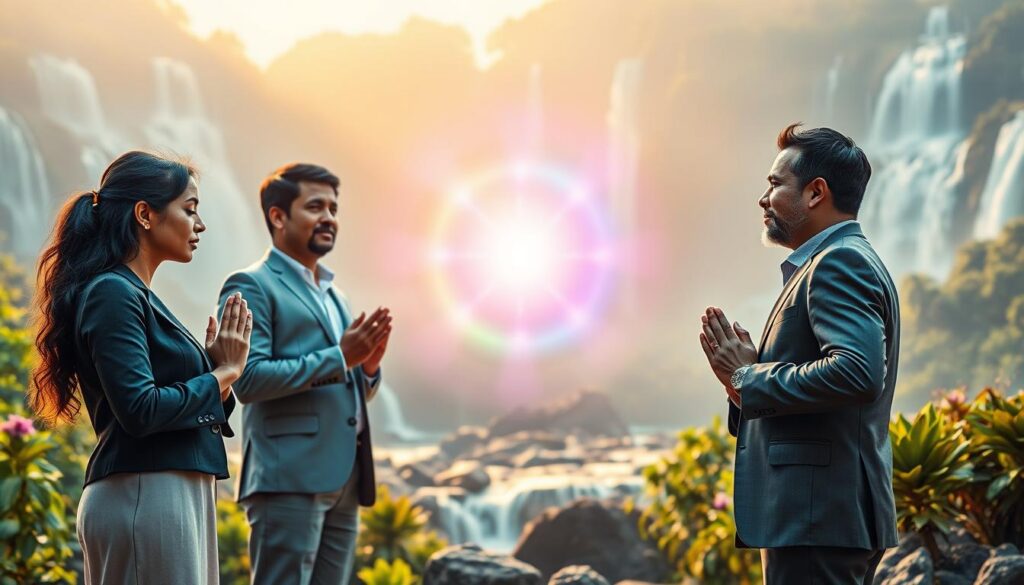 A serene and uplifting scene depicting the essence of the Ho'oponopono prayer for money healing. In the foreground, a diverse group of four adults dressed in stylish, professional attire, gathered in a circle, peacefully performing the prayer with hands held together, radiating positive energy. In the middle, a softly glowing aura surrounds them, infused with vibrant neon colors—purples, greens, and blues—symbolizing abundance and healing energy. The background features an ethereal landscape, with soft flowing waterfalls and lush greenery, bathed in warm, harmonious light that creates a tranquil atmosphere. The mood conveys hope, transformation, and abundance, with a slight dreamcore aesthetic, capturing the spirituality and essence of money healing through Ho'oponopono. The perspective should be slightly elevated, focusing on the individuals while showcasing the stunning backdrop.