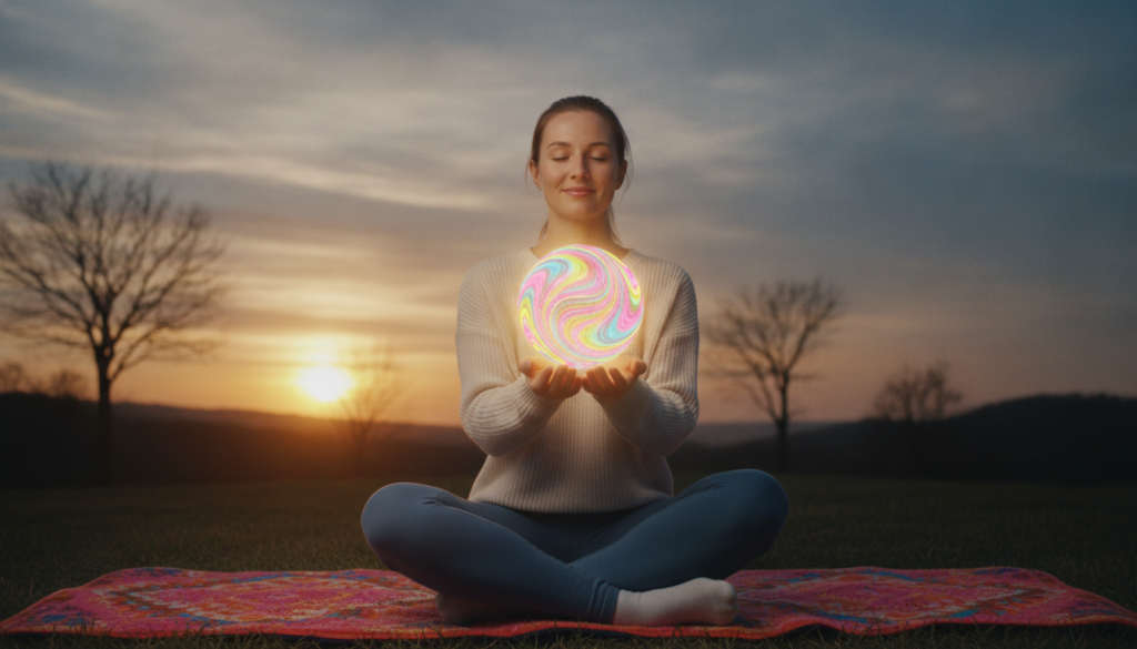 A serene and uplifting scene illustrating gratitude practice after a difficult day. In the foreground, a young Caucasian woman in modest casual attire sits cross-legged on a soft, vibrant yoga mat, her eyes closed and a gentle smile on her face, radiating peace. In the middle, a glowing orb of light hovers above her hands, representing positive energy and gratitude, with swirling neon colors that capture the essence of dreamcore. In the background, a tranquil sunset illuminates the landscape with warm, golden hues blending into cooler blues and purples, creating a calming atmosphere. The lighting is soft and ethereal, reminiscent of a high-end magazine advertisement, with a slight focus on the woman, giving a sense of depth and connection to the environment. A serene and uplifting scene illustrating gratitude practice after a difficult day. In the foreground, a young Caucasian woman in modest casual attire sits cross-legged on a soft, vibrant yoga mat, her eyes closed and a gentle smile on her face, radiating peace. In the middle, a glowing orb of light hovers above her hands, representing positive energy and gratitude, with swirling neon colors that capture the essence of dreamcore. In the background, a tranquil sunset illuminates the landscape with warm, golden hues blending into cooler blues and purples, creating a calming atmosphere. The lighting is soft and ethereal, reminiscent of a high-end magazine advertisement, with a slight focus on the woman, giving a sense of depth and connection to the environment.