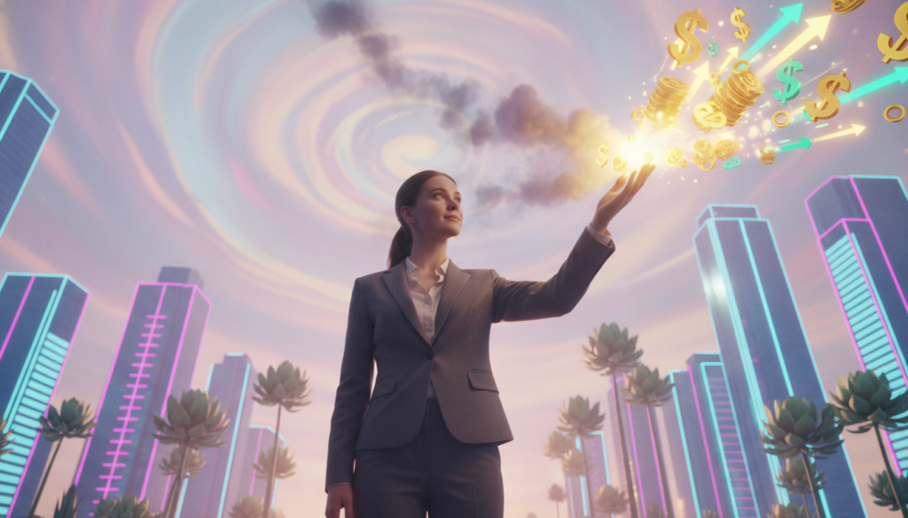 A serene and uplifting scene illustrating the transformation of negative thoughts into a wealth mindset. In the foreground, a young adult Caucasian woman in professional business attire stands confidently, her facial expression calm and thoughtful, with a soft smile. Her left hand is raised, gently dissipating dark clouds representing negative thoughts, while her right hand reaches towards vibrant, glowing symbols of wealth, like coins and dollar signs, emerging from a bright, colorful light. In the middle ground, an abstract landscape features elements of success such as thriving plants and shining skyscrapers in a neon palette. The background showcases a dreamlike sky filled with swirling pastel colors. There’s soft, ambient lighting enhancing the positive energy of the scene, captured at a cinematic angle to evoke inspiration and empowerment.