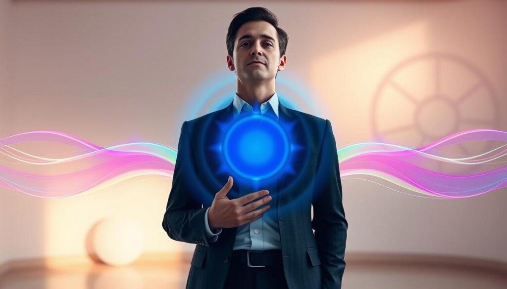 A serene and vibrant depiction of the throat chakra represented as a glowing blue circle at the center of a calm, peaceful figure dressed in professional business attire. The foreground features the figure standing confidently, with their hands gently touching their throat, symbolizing clarity in communication. In the middle ground, colorful waves of energy radiate from the throat chakra, illustrated with neon colors swirling harmoniously, representing the flow of clear communication and expression. In the background, a softly lit room with abstract designs in soothing pastel hues enhances the atmosphere, evoking a sense of tranquility and empowerment. The lighting is soft and ethereal, highlighting the chakra while casting a warm glow around the figure, creating an uplifting mood perfect for capturing the essence of the throat chakra's significance. A serene and vibrant depiction of the throat chakra represented as a glowing blue circle at the center of a calm, peaceful figure dressed in professional business attire. The foreground features the figure standing confidently, with their hands gently touching their throat, symbolizing clarity in communication. In the middle ground, colorful waves of energy radiate from the throat chakra, illustrated with neon colors swirling harmoniously, representing the flow of clear communication and expression. In the background, a softly lit room with abstract designs in soothing pastel hues enhances the atmosphere, evoking a sense of tranquility and empowerment. The lighting is soft and ethereal, highlighting the chakra while casting a warm glow around the figure, creating an uplifting mood perfect for capturing the essence of the throat chakra's significance.