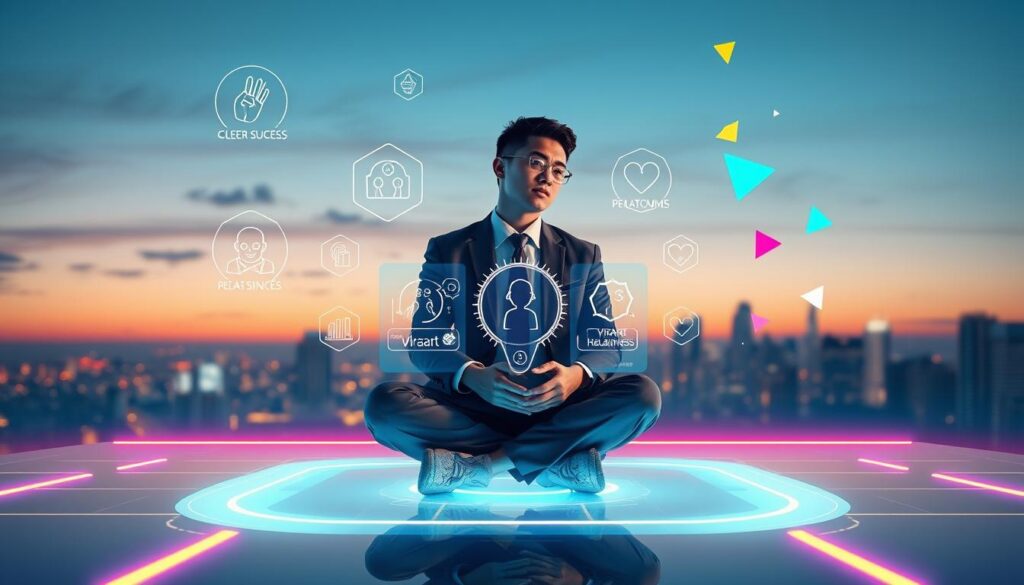 A serene and vibrant dreamcore scene depicting a young adult in professional business attire, sitting cross-legged on a futuristic digital platform illuminated by neon colors. The individual gazes thoughtfully at a holographic array of symbols and images representing clear life goals—career success, personal happiness, and vibrant relationships—hovering in front. In the background, a soft-focus city skyline glimmers under a twilight sky, while colorful geometric shapes float around, symbolizing reprogramming thoughts. The lighting is bright yet calming, creating an inspiring and motivational atmosphere, with a focus on clarity and positivity. The angle captures both the figure and the immersive holographic displays, emphasizing a journey toward achieving subconscious goals. A serene and vibrant dreamcore scene depicting a young adult in professional business attire, sitting cross-legged on a futuristic digital platform illuminated by neon colors. The individual gazes thoughtfully at a holographic array of symbols and images representing clear life goals—career success, personal happiness, and vibrant relationships—hovering in front. In the background, a soft-focus city skyline glimmers under a twilight sky, while colorful geometric shapes float around, symbolizing reprogramming thoughts. The lighting is bright yet calming, creating an inspiring and motivational atmosphere, with a focus on clarity and positivity. The angle captures both the figure and the immersive holographic displays, emphasizing a journey toward achieving subconscious goals.