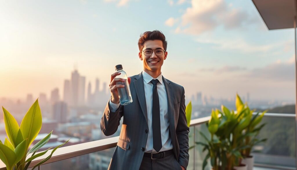 A serene and vibrant scene depicting a young adult in professional business attire, confidently holding a stylish water bottle, symbolizing a “purposeful hydration mindset.” In the foreground, the individual stands on a sunlit balcony surrounded by lush green plants, radiating energy and focus. The middle ground features a scenic view of a modern city skyline shimmering in neon colors, reflecting a sense of health and prosperity. In the background, a soft, dreamy sky with pastel hues transitions into darker shades, suggesting a transition to a fruitful day. The atmosphere conveys motivation and wellness, enhanced by soft ambient lighting, capturing an inspiring moment of clarity and intention. The composition should feature a slightly elevated angle, emphasizing the subject's determination and vitality, perfect for a high-end magazine advertisement aimed at adult Gen Z.
