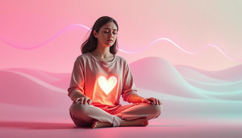 A serene and vibrant scene depicting heart chakra blockage symptoms. In the foreground, a serene individual dressed in modest casual clothing sits cross-legged, eyes closed, with a gentle glow emanating from their heart area, symbolizing energy. Their expression reflects emotional distress, subtle signs of confusion, or anxiety. In the middle ground, abstract representations of blocked energy courses through the air, utilizing bright, neon colors like pinks and greens, creating a dreamcore atmosphere. The background features a soft, ethereal landscape with flowing shapes and gradients, blending harmoniously. Use soft, diffused lighting to enhance the calm yet introspective mood, akin to a high-end magazine advertisement. An angle that slightly tilts upwards conveys a sense of hope and awakening. A serene and vibrant scene depicting heart chakra blockage symptoms. In the foreground, a serene individual dressed in modest casual clothing sits cross-legged, eyes closed, with a gentle glow emanating from their heart area, symbolizing energy. Their expression reflects emotional distress, subtle signs of confusion, or anxiety. In the middle ground, abstract representations of blocked energy courses through the air, utilizing bright, neon colors like pinks and greens, creating a dreamcore atmosphere. The background features a soft, ethereal landscape with flowing shapes and gradients, blending harmoniously. Use soft, diffused lighting to enhance the calm yet introspective mood, akin to a high-end magazine advertisement. An angle that slightly tilts upwards conveys a sense of hope and awakening.