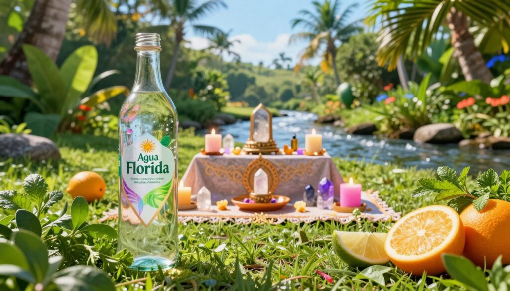 A serene and vibrant scene depicting the daily rituals involving Agua Florida in a tranquil setting. In the foreground, a glass bottle of Florida Water reflects soft sunlight, surrounded by fresh herbs and citrus fruits, symbolizing renewal and cleansing. The middle ground features a beautifully arranged altar with candles and crystals, creating an inviting focal point. In the background, a lush Florida landscape with tropical plants and a gentle stream sets a peaceful mood. The lighting is bright and ethereal, reminiscent of a high-end magazine advertisement, with hints of neon colors that evoke a modern, dreamlike quality. The overall atmosphere is one of tranquility and spiritual rejuvenation, capturing the essence of ritualistic practices while appealing to an adult Gen Z audience.
