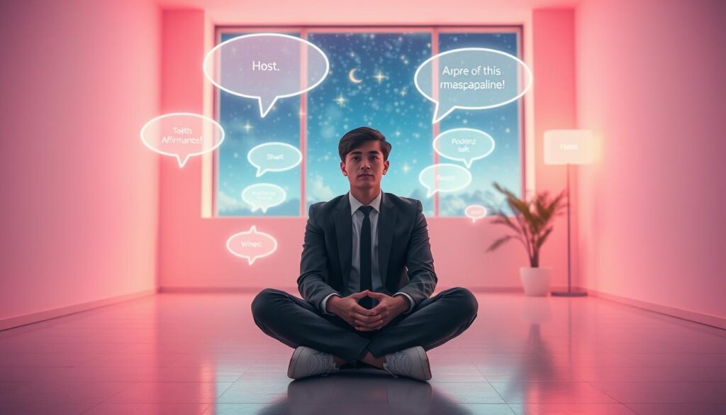 A serene and visually captivating scene depicting a young adult in professional attire seated comfortably in a modern, abstract room filled with soft neon colors. In the foreground, the individual is engaged in self-reflection, surrounded by dreamy, ethereal imagery representing positive affirmations and thought bubbles of self-talk, glowing gently around them. The middle ground includes a calming array of geometric shapes and gentle light patterns, suggesting a reprogramming of the subconscious mind. In the background, a large window reveals a starry night sky, enhancing the dreamlike atmosphere. Soft, ambient lighting creates a peaceful mood, as a slightly blurred lens effect adds depth. The overall scene resonates with hope, empowerment, and transformation, perfectly capturing the essence of positive self-talk and the journey of replacing old beliefs. A serene and visually captivating scene depicting a young adult in professional attire seated comfortably in a modern, abstract room filled with soft neon colors. In the foreground, the individual is engaged in self-reflection, surrounded by dreamy, ethereal imagery representing positive affirmations and thought bubbles of self-talk, glowing gently around them. The middle ground includes a calming array of geometric shapes and gentle light patterns, suggesting a reprogramming of the subconscious mind. In the background, a large window reveals a starry night sky, enhancing the dreamlike atmosphere. Soft, ambient lighting creates a peaceful mood, as a slightly blurred lens effect adds depth. The overall scene resonates with hope, empowerment, and transformation, perfectly capturing the essence of positive self-talk and the journey of replacing old beliefs.
