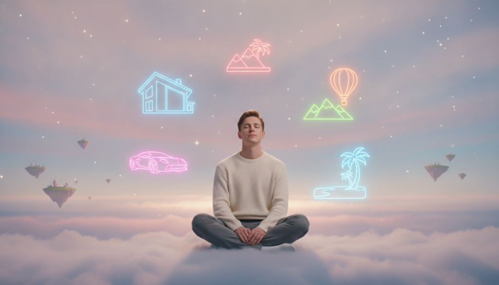 A serene and visually captivating scene depicting the concept of "visualization for your dream life." In the foreground, a young Caucasian adult dressed in smart casual attire sits cross-legged on a plush, cloud-like surface, eyes closed and face radiating tranquility. In the middle, vibrant neon-colored dream symbols like floating houses, cars, and travel destinations emerge around them, representing aspirations and goals. The background features a dreamy, ethereal landscape with soft, pastel-hued gradients and surreal elements like floating islands and twinkling stars. Dramatic yet soft lighting accentuates the subject and dream symbols, creating an uplifting and motivational atmosphere. Use a wide-angle lens to capture the expansive vision, ensuring a high-end magazine advertisement quality. A serene and visually captivating scene depicting the concept of "visualization for your dream life." In the foreground, a young Caucasian adult dressed in smart casual attire sits cross-legged on a plush, cloud-like surface, eyes closed and face radiating tranquility. In the middle, vibrant neon-colored dream symbols like floating houses, cars, and travel destinations emerge around them, representing aspirations and goals. The background features a dreamy, ethereal landscape with soft, pastel-hued gradients and surreal elements like floating islands and twinkling stars. Dramatic yet soft lighting accentuates the subject and dream symbols, creating an uplifting and motivational atmosphere. Use a wide-angle lens to capture the expansive vision, ensuring a high-end magazine advertisement quality.