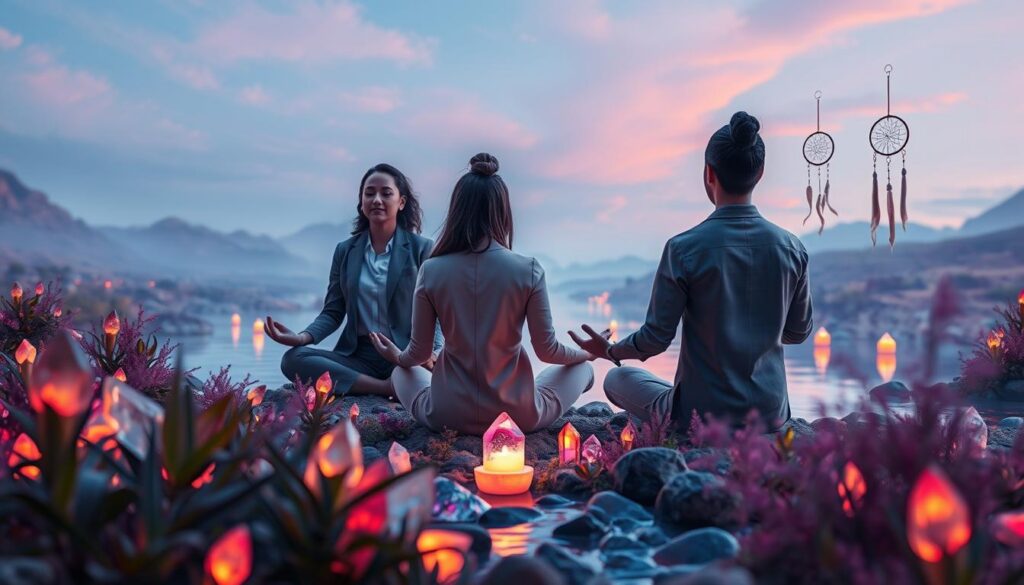 A serene and visually captivating scene that embodies "grounding for manifestation anxiety." In the foreground, a diverse group of three adults in professional, modest casual attire is engaged in a meditative pose, surrounded by vibrant neon-colored crystals and plants, symbolizing balance and calm. In the middle ground, a gently flowing river reflects soft, luminous light, while symbols of manifestation like vision boards and dream catchers float delicately atop the water. The background features a surreal, dream-like landscape with soft, blended pastel skies transitioning into deep blues and purples, enhancing the otherworldly atmosphere. The lighting is soft and ethereal, casting a gentle glow over the scene. The overall mood is tranquil yet energizing, encouraging a sense of peace amidst manifestation anxieties.