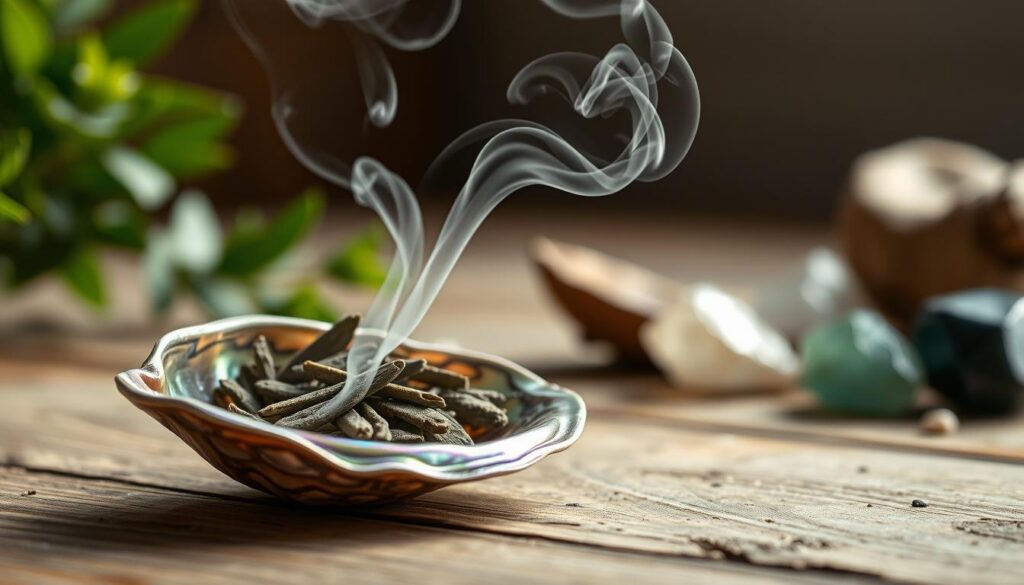 A serene and visually striking image of safe sage burning in a beautifully iridescent abalone shell, resting on a rustic wooden surface. The foreground features the shell filled with aromatic sage, gently emitting wisps of smoke that curl elegantly upwards. In the middle ground, soft, diffused natural light creates a warm glow, enhancing the colors of the shell and sage. The background includes blurred greenery and hints of gemstones, adding an earthy yet ethereal atmosphere. The overall mood is tranquil and reflective, embodying the essence of mindful sage smudging practices, while highlighting the importance of safety. Use a wide-angle lens to capture the delicate details, ensuring the composition is harmonious and balanced, evoking a high-end magazine aesthetic.