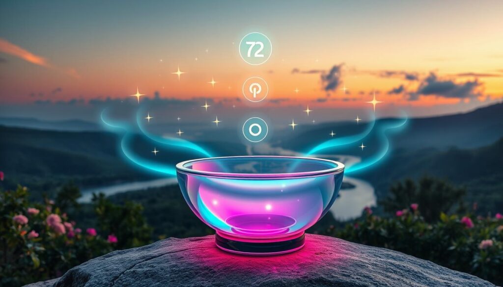 A serene and vivid scene depicting the concept of "Solfeggio frequency emotional healing." In the foreground, a crystal-clear, iridescent sound bowl emanates soft, glowing waves of light in neon colors, such as teal and magenta, radiating soothing energy. Surrounding the bowl, ethereal symbols representing solfeggio frequencies float gently, shimmering like stars. The middle ground features a tranquil landscape with a softly flowing river, lush flora, and gentle hills bathed in warm, soft lighting that evokes a sense of peace and healing. In the background, a dreamlike sky transitions from deep twilight to pastel hues, dotted with wispy clouds. The atmosphere is calming and inviting, emphasizing emotional healing and connection with the subconscious. Use a high-angle view to capture the full scene, ensuring a high-end magazine aesthetic suitable for a stylish article.
