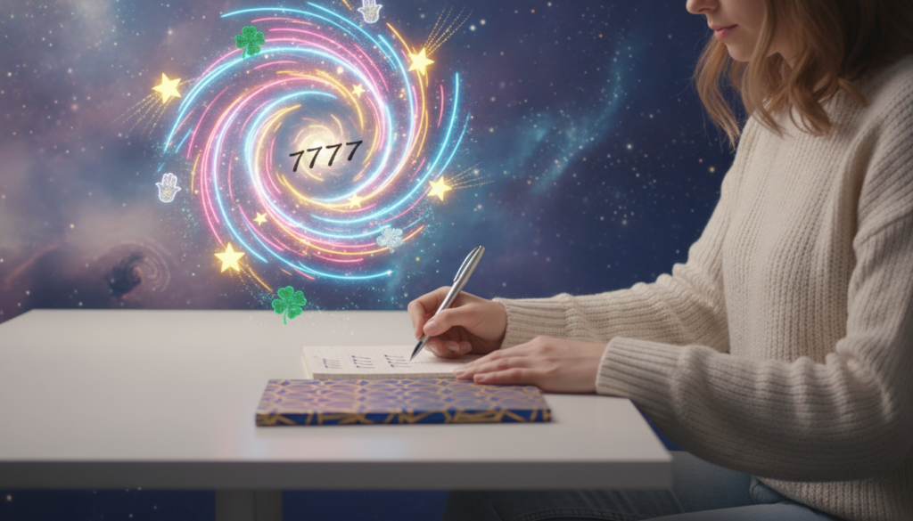 A serene, artistic representation of the "seven repetition writing technique" for the 777 Manifestation Method. In the foreground, a person of Caucasian descent, dressed in modest casual clothing, sits at a sleek, modern desk, writing '777' on a beautifully designed notepad. The middle section features vibrant neon colors swirling around the writing, symbolizing energy and manifestation, while abstract illustrations of luck, such as four-leaf clovers and shooting stars, float around. The background presents a dreamlike, ethereal landscape with soft, glowing lights resembling a cosmic night sky. The atmosphere is both uplifting and empowering, with a sense of focus and purposeful intent. The lighting is soft yet vivid, enhancing the colors and creating a mystical ambiance, reminiscent of a high-end magazine advertisement.