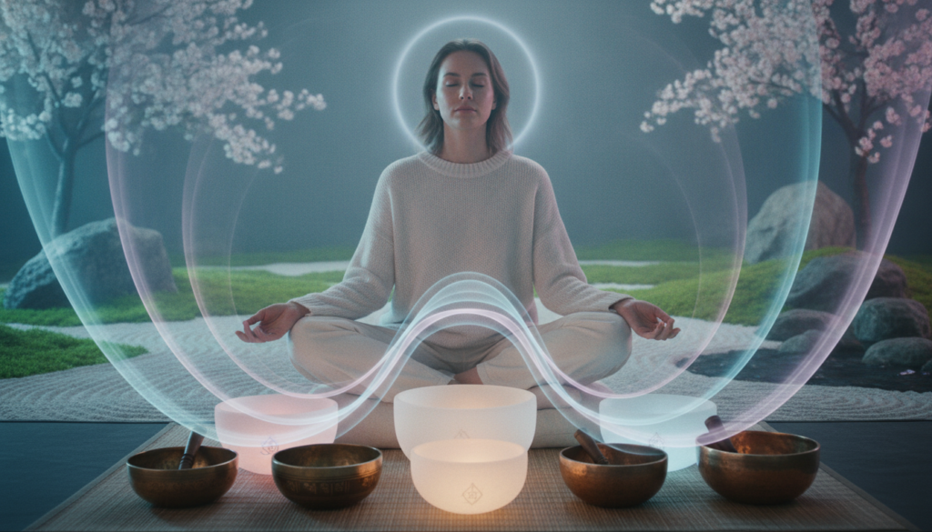A serene, atmospheric scene capturing the potential benefits of singing bowl healing. In the foreground, a gracefully arranged set of various singing bowls, each intricately designed, glisten under soft, radiant lighting. A calming aura emanates from them, with gentle sound waves visually represented in pastel colors, echoing tranquility. In the middle ground, an adult Gen Z individual of Caucasian descent sits cross-legged in modest casual attire, eyes closed in meditation, fully immersed in the experience. The background features a softly blurred environment—perhaps a zen garden with lush greenery and delicate flowers, casting subtle shadows. Neon hues blend harmoniously to create a dreamlike quality, promoting relaxation and high vibes. The overall mood is uplifting, tranquil, and inviting, reminiscent of a high-end magazine advertisement. A serene, atmospheric scene capturing the potential benefits of singing bowl healing. In the foreground, a gracefully arranged set of various singing bowls, each intricately designed, glisten under soft, radiant lighting. A calming aura emanates from them, with gentle sound waves visually represented in pastel colors, echoing tranquility. In the middle ground, an adult Gen Z individual of Caucasian descent sits cross-legged in modest casual attire, eyes closed in meditation, fully immersed in the experience. The background features a softly blurred environment—perhaps a zen garden with lush greenery and delicate flowers, casting subtle shadows. Neon hues blend harmoniously to create a dreamlike quality, promoting relaxation and high vibes. The overall mood is uplifting, tranquil, and inviting, reminiscent of a high-end magazine advertisement.
