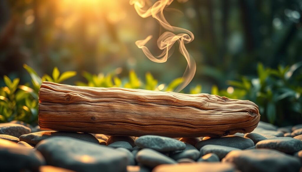 A serene, atmospheric scene showcasing Palo Santo wood in its natural setting, emphasizing its origins. In the foreground, a beautifully textured piece of Palo Santo wood rests on smooth stones, its grain and golden hues highlighted by soft, warm lighting. In the middle ground, lush green vegetation surrounds the wood, hinting at its South American origins, with ethereal smoke curling upwards, symbolizing its sacred use in spiritual practices. The background features a blurred tropical forest illuminated by a gentle, diffused glow, creating a dreamlike ambiance. The overall mood is tranquil and reflective, evoking a sense of serenity and connection to nature. The composition is framed with a soft focus, reminiscent of high-end magazine advertisements, tailored for an adult Gen Z audience, using a vibrant yet calming color palette.