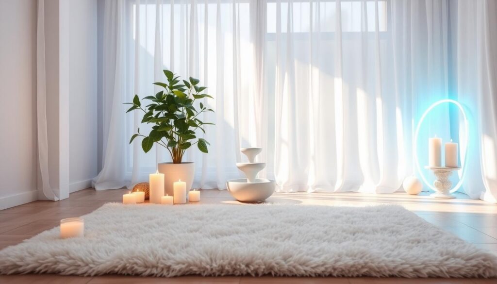A serene aura cleansing space designed for relaxation and rejuvenation. In the foreground, a soft, plush meditation mat surrounded by gently flickering candles and calming crystals. The middle ground features a tranquil indoor plant, casting soft shadows, and a small water fountain that creates a soothing sound. The background showcases a large window with sheer, billowy curtains allowing natural light to filter in, bathing the space in a warm, inviting glow. The scene is framed in a cozy, minimalistic room with pastel tones and gentle neon accents, enhancing the dreamlike quality. An ambient light casts a calming blue hue throughout the space, promoting a peaceful atmosphere perfect for daily cleansing rituals. A serene aura cleansing space designed for relaxation and rejuvenation. In the foreground, a soft, plush meditation mat surrounded by gently flickering candles and calming crystals. The middle ground features a tranquil indoor plant, casting soft shadows, and a small water fountain that creates a soothing sound. The background showcases a large window with sheer, billowy curtains allowing natural light to filter in, bathing the space in a warm, inviting glow. The scene is framed in a cozy, minimalistic room with pastel tones and gentle neon accents, enhancing the dreamlike quality. An ambient light casts a calming blue hue throughout the space, promoting a peaceful atmosphere perfect for daily cleansing rituals.
