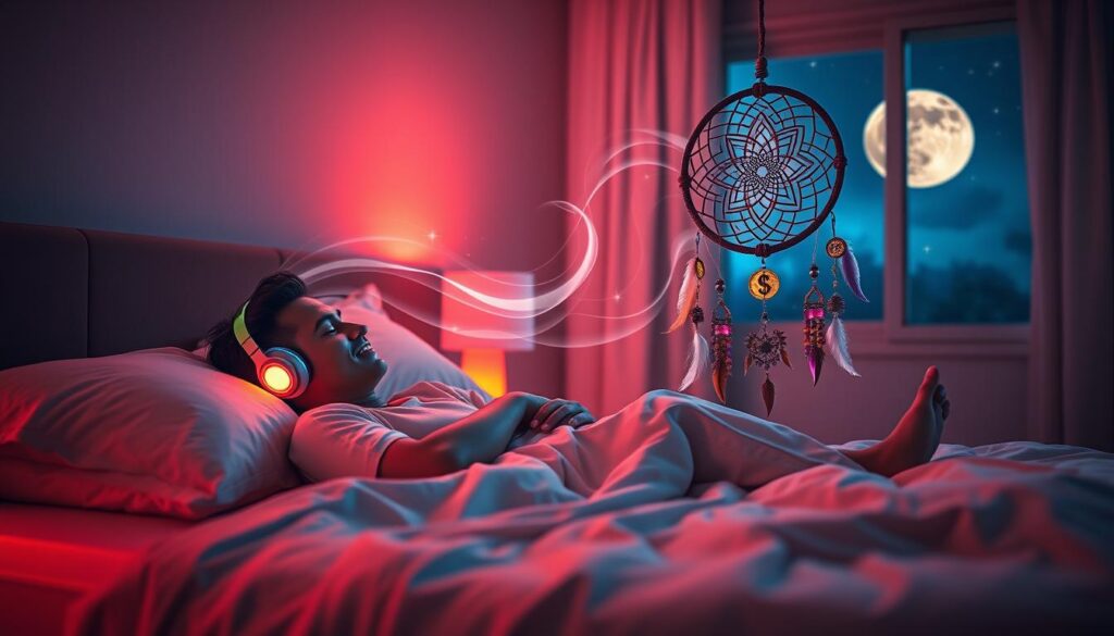 A serene bedroom at night, softly illuminated by a glowing neon light that casts colorful reflections on the walls. In the foreground, a person in comfortable sleepwear, peacefully asleep on a plush bed with luxurious pillows, is wearing high-quality headphones that pulse with vibrant colors. Surrounding the bed, ethereal sound waves, depicted as gently swirling, transparent forms, represent binaural beats, flowing towards an ornate dream catcher adorned with symbols of prosperity and wealth. In the background, celestial elements like stars and a full moon peek through a window, creating a dreamy atmosphere. The overall mood is calming yet energizing, embodying the promise of attracting money and abundance through positive manifestation. The scene is captured with a soft focus lens to evoke a dreamlike quality.