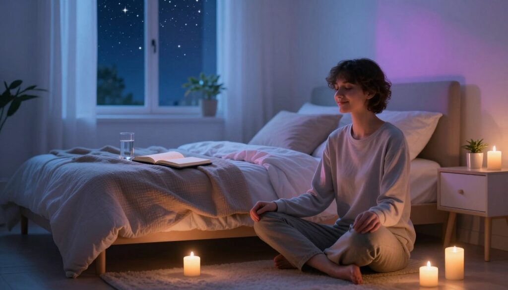 A serene bedroom at twilight, featuring a cozy, neatly made bed with soft pillows and a plush blanket. In the foreground, a young adult, dressed in modest casual clothing, is practicing relaxation techniques, sitting cross-legged on the floor with a gentle smile, surrounded by glowing candles. In the middle, a calming dream journal and a small plant sit on a bedside table next to a glass of water. The background showcases a softly illuminated window with dreamy, starry night sky, casting a tranquil glow throughout the room. Neon colors subtly reflect off the walls, creating an ethereal atmosphere. Use soft, diffused lighting to enhance the comforting mood, shot from a low angle to evoke a sense of intimacy and peace.
