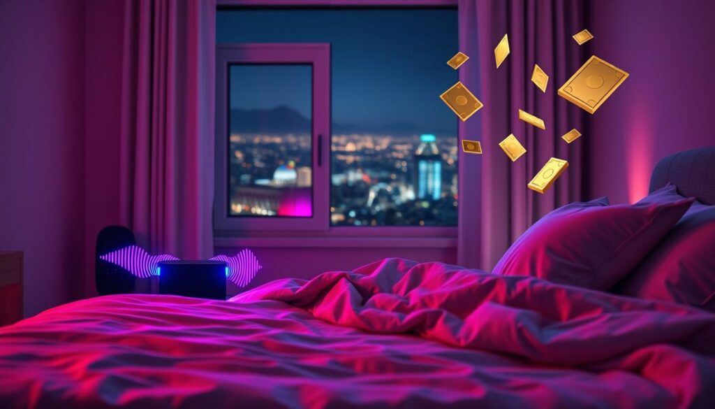 A serene bedroom environment at night, softly illuminated by ethereal, neon-colored lights that create a dreamy atmosphere. In the foreground, a cozy bed adorned with plush pillows and a luxurious blanket, subtly hinting at a peaceful slumber. Resting on the bedside table, an elegant speaker emits vibrant sound waves visualized in hues of purple and blue, representing binaural beats. In the middle ground, a slightly open window reveals sparkling city lights, evoking a sense of abundance and possibility. The background features abstract imagery of golden coins and bills floating dreamily, symbolizing the attraction of wealth during sleep. The overall mood is tranquil and inspiring, reminiscent of a high-end magazine advertisement targeted towards adult Gen Z, emphasizing relaxation and manifestation. The image should evoke feelings of hope, prosperity, and serene focus.