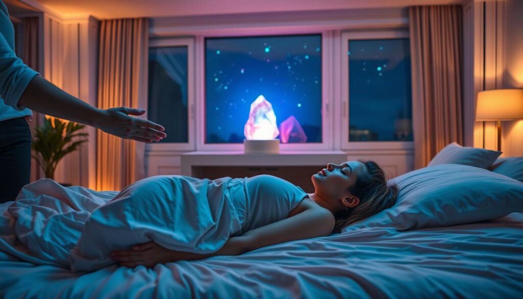 A serene bedroom scene at night, featuring a modern bed with soft, inviting sheets in calming pastel colors. In the foreground, a person with modest casual clothing is practicing Reiki, with gentle hands hovering over a peacefully sleeping figure, creating a sense of tranquility and support. The middle section showcases a glowing crystal, symbolizing energy flow, emitting soft neon hues of blue and purple that harmonize with the dim ambient lighting. In the background, large windows reveal a starry night sky, contributing to a peaceful atmosphere. The lighting is soft and ethereal, casting a soothing glow throughout the room, evoking a feeling of relaxation and serenity, ideal for promoting sleep quality and overall well-being.