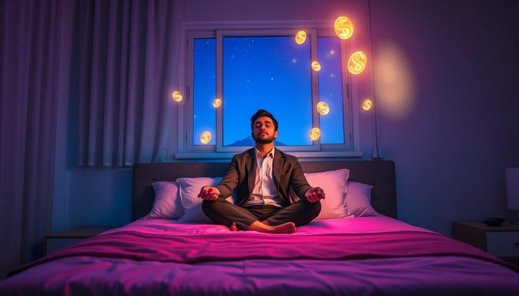 A serene bedroom scene at night, with soft, neon-colored lighting creating a mystical atmosphere. In the foreground, a neatly made bed with inviting, plush pillows and a cozy blanket. A determined adult in professional business attire sits cross-legged on the bed, a calm expression on their face, eyes closed as they focus on their intention to manifest wealth. Surrounding the person, ethereal, translucent symbols of money, such as dollar signs and gold coins, gently float in the air, glowing softly. In the background, a window reveals a starry night sky, casting a gentle blue hue. The overall mood is tranquil and inspiring, evoking a sense of purpose and clarity as they prepare for sleep. The image should mimic a high-end magazine advertisement, appealing to a young adult Gen Z audience.
