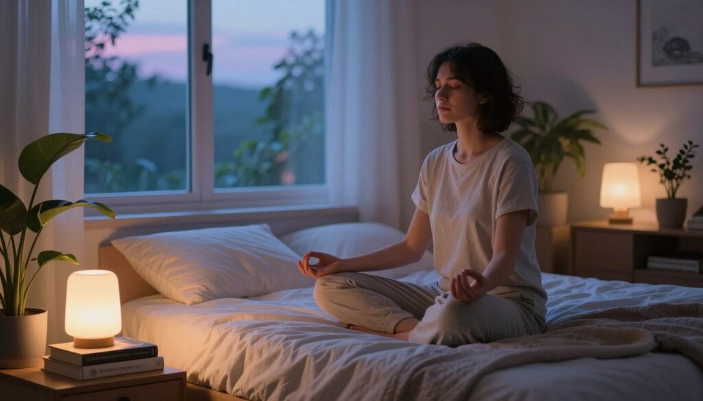 A serene bedroom scene at twilight, showcasing a peaceful individual in modest casual clothing, meditating on a plush bed surrounded by soft, ambient lighting. The foreground features a gentle glow from bedside lamps, casting warm light onto a small stack of wellness books, emphasizing sleep and light habits. In the middle ground, large windows allow soft, diffused neon hues from the twilight outside, blending with the warm interior light to create a mystical atmosphere. The background reveals lush plants, hinting at nature, symbolizing growth and rejuvenation. The overall mood is tranquil and inviting, suggesting a connection between restful sleep and spiritual awakening, with an emphasis on harmony and balance in the environment.