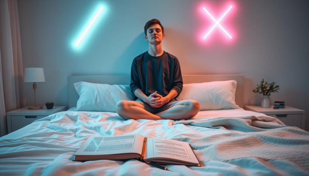 A serene bedroom scene bathed in soft, calming moonlight. In the foreground, a neatly arranged bed with fluffy white pillows and a cozy, luxurious blanket. On the bedside table, an elegantly designed journal and a pen invite reflection and intention-setting. In the middle ground, a peaceful individual with modest casual clothing sits cross-legged on the bed, eyes closed, embodying tranquility as they practice a calming manifestation technique. In the background, softly glowing neon colors create a dreamcore atmosphere, enhancing the serene vibe with abstract shapes and gentle light patterns. The overall mood is soothing and introspective, evoking a sense of preparation for restful sleep. The composition should have a slight upward angle, focusing on the subject's peaceful expression and the inviting ambiance of the room. A serene bedroom scene bathed in soft, calming moonlight. In the foreground, a neatly arranged bed with fluffy white pillows and a cozy, luxurious blanket. On the bedside table, an elegantly designed journal and a pen invite reflection and intention-setting. In the middle ground, a peaceful individual with modest casual clothing sits cross-legged on the bed, eyes closed, embodying tranquility as they practice a calming manifestation technique. In the background, softly glowing neon colors create a dreamcore atmosphere, enhancing the serene vibe with abstract shapes and gentle light patterns. The overall mood is soothing and introspective, evoking a sense of preparation for restful sleep. The composition should have a slight upward angle, focusing on the subject's peaceful expression and the inviting ambiance of the room.