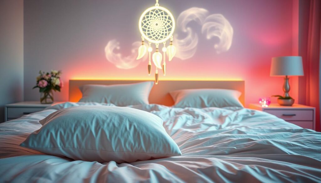 A serene bedroom scene bathed in soft, dreamy neon colors reminiscent of dreamcore aesthetics. In the foreground, a cozy pillow lies on an elegantly rumpled bed with pastel sheets, exuding a warm and inviting atmosphere. A crystal-clear glass of water rests on a stylish bedside table adorned with delicate flowers. In the middle ground, a glowing dreamcatcher hangs gracefully above the bed, radiating a gentle luminescence. In the background, an abstract visualization of thoughts and aspirations swirls like ethereal clouds, hinting at manifestation and creativity. Soft, diffused lighting creates a tranquil mood, while a wide-angle view captures the entire space, enhancing the feeling of openness and possibility. The scene embodies a sense of calm, inspiration, and positivity, ideal for illustrating the concept of the pillow manifestation technique. A serene bedroom scene bathed in soft, dreamy neon colors reminiscent of dreamcore aesthetics. In the foreground, a cozy pillow lies on an elegantly rumpled bed with pastel sheets, exuding a warm and inviting atmosphere. A crystal-clear glass of water rests on a stylish bedside table adorned with delicate flowers. In the middle ground, a glowing dreamcatcher hangs gracefully above the bed, radiating a gentle luminescence. In the background, an abstract visualization of thoughts and aspirations swirls like ethereal clouds, hinting at manifestation and creativity. Soft, diffused lighting creates a tranquil mood, while a wide-angle view captures the entire space, enhancing the feeling of openness and possibility. The scene embodies a sense of calm, inspiration, and positivity, ideal for illustrating the concept of the pillow manifestation technique.
