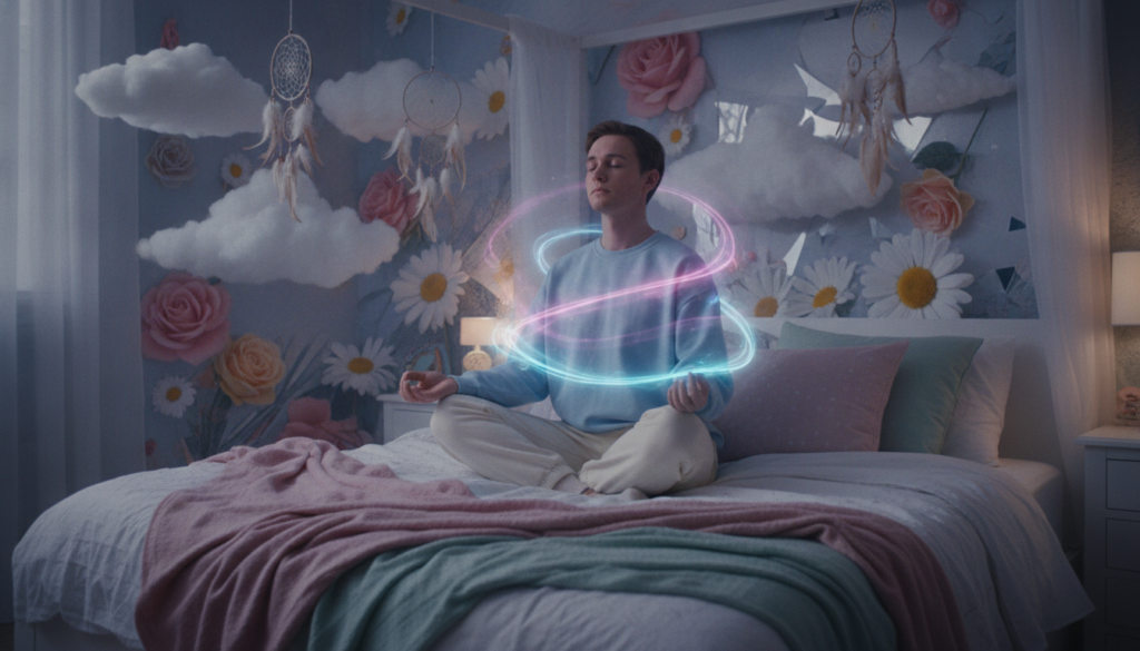 A serene bedroom scene depicting a person in a peaceful meditation position on a neatly made bed, draped in soft pastel colors and adorned with dreamcatchers. The individual, a Caucasian young adult dressed in modest, casual clothing, sits cross-legged with closed eyes, surrounded by a calming aura of ethereal, swirling neon lights that subtly illuminate the space. The bed is situated against a dreamy backdrop of whimsical, surreal elements reminiscent of "Alice in Wonderland," such as oversized flowers and floating clouds, creating a sense of escape. The soft, ambient lighting casts gentle shadows, while a slightly tilted angle adds a dynamic feel, enhancing the meditative atmosphere. The overall mood is tranquil, inviting, and imaginative, perfect for illustrating the concept of reality shifting.