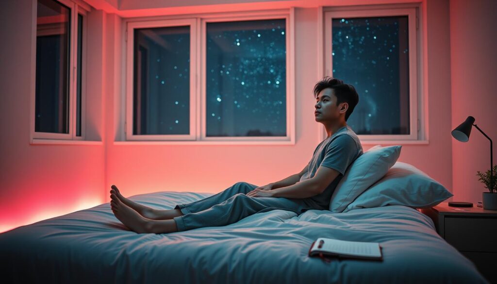A serene bedroom scene depicting the "state akin to sleep" technique inspired by Neville Goddard. In the foreground, a contemplative adult Gen Z individual, dressed in modest casual clothing, is sitting comfortably on a plush bed with a dreamlike expression. The middle ground features ambient neon colors softly illuminating the space, creating a tranquil and inviting atmosphere. A bedside table holds a journal and a pen, symbolizing intention and reflection. In the background, large windows reveal a starry night sky, enhancing the dreamcore aesthetic. Soft, diffused lighting bathes the scene, evoking a peaceful and introspective mood, designed as if it were a high-end magazine advertisement. The overall composition encourages a sense of deep relaxation and connection to the subconscious mind.