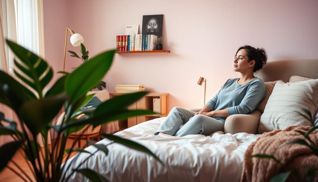 A serene bedroom scene for bedtime relaxation, featuring a person comfortably seated on a plush, inviting armchair, dressed in modest casual clothing. Soft neon colors create a dreamcore atmosphere, with gentle light illuminating the space from a vintage lamp. Lush houseplants are in the foreground, casting delicate shadows, while a shelf lined with self-help books and mindfulness tools sits in the backdrop. The walls are painted in calming pastel hues, enhancing the tranquil environment. A large, cozy bed is slightly visible, adorned with soft pillows and a warm throw. The mood conveys peace and introspection, inviting viewers to imagine a soothing practice that promotes problem-solving through relaxation. The image should be well-lit, with a focus on creating an inviting ambiance that is professional yet inviting, capturing the essence of a transformative bedtime routine. A serene bedroom scene for bedtime relaxation, featuring a person comfortably seated on a plush, inviting armchair, dressed in modest casual clothing. Soft neon colors create a dreamcore atmosphere, with gentle light illuminating the space from a vintage lamp. Lush houseplants are in the foreground, casting delicate shadows, while a shelf lined with self-help books and mindfulness tools sits in the backdrop. The walls are painted in calming pastel hues, enhancing the tranquil environment. A large, cozy bed is slightly visible, adorned with soft pillows and a warm throw. The mood conveys peace and introspection, inviting viewers to imagine a soothing practice that promotes problem-solving through relaxation. The image should be well-lit, with a focus on creating an inviting ambiance that is professional yet inviting, capturing the essence of a transformative bedtime routine.