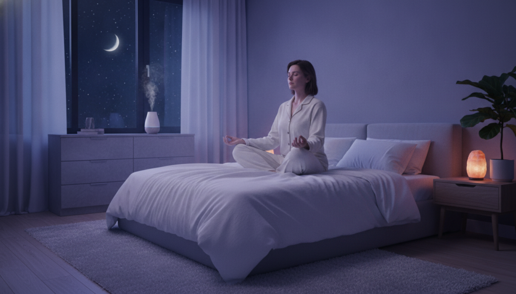 A serene bedroom scene lit by soft, ambient lighting in neon hues of blue and purple. In the foreground, a young Caucasian adult dressed in comfortable, modest pajamas is meditating on a plush, neatly made bed, surrounded by calming elements like a small indoor plant and a glowing salt lamp. The middle ground features a gentle aroma diffuser releasing wisps of vapor, enhancing the tranquil atmosphere. In the background, a large window reveals a starry night sky, with sheer curtains billowing softly. The overall mood is peaceful and introspective, inviting viewers to envision a moment of preparation for restful sleep, reflecting the essence of preparing one’s mind and body before bed. The composition conveys a high-end magazine aesthetic, appealing to an adult Gen Z audience. A serene bedroom scene lit by soft, ambient lighting in neon hues of blue and purple. In the foreground, a young Caucasian adult dressed in comfortable, modest pajamas is meditating on a plush, neatly made bed, surrounded by calming elements like a small indoor plant and a glowing salt lamp. The middle ground features a gentle aroma diffuser releasing wisps of vapor, enhancing the tranquil atmosphere. In the background, a large window reveals a starry night sky, with sheer curtains billowing softly. The overall mood is peaceful and introspective, inviting viewers to envision a moment of preparation for restful sleep, reflecting the essence of preparing one’s mind and body before bed. The composition conveys a high-end magazine aesthetic, appealing to an adult Gen Z audience.
