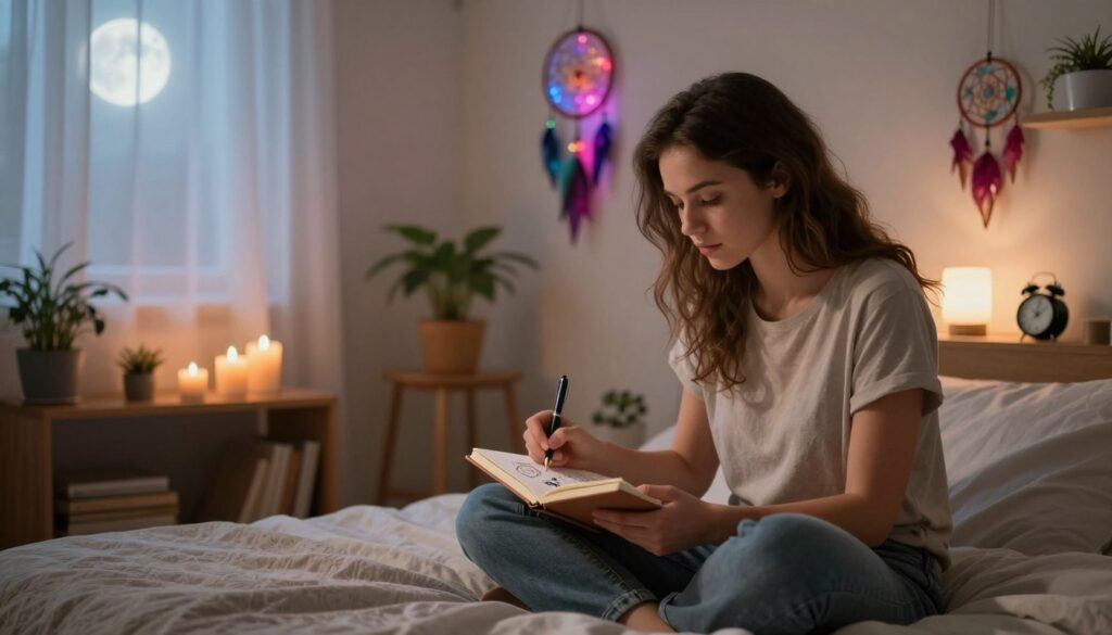 A serene bedroom setting at night, softly illuminated by warm, diffused moonlight filtering through sheer curtains. In the foreground, a young Caucasian woman in modest casual clothing sits cross-legged on a plush bed, her dream journal open on her lap. She is writing with a fountain pen, her expression one of deep concentration and inspiration. The journal features dreamy, abstract sketches and notes. In the middle ground, shelves filled with candles and plants create a cozy atmosphere, while colorful, glowing dreamcatchers hang from the walls, reflecting neon hues. In the background, a nightstand holds an alarm clock and a small lamp, casting a gentle light. The overall mood is calm and introspective, inviting the viewer to explore the art of dream journaling.