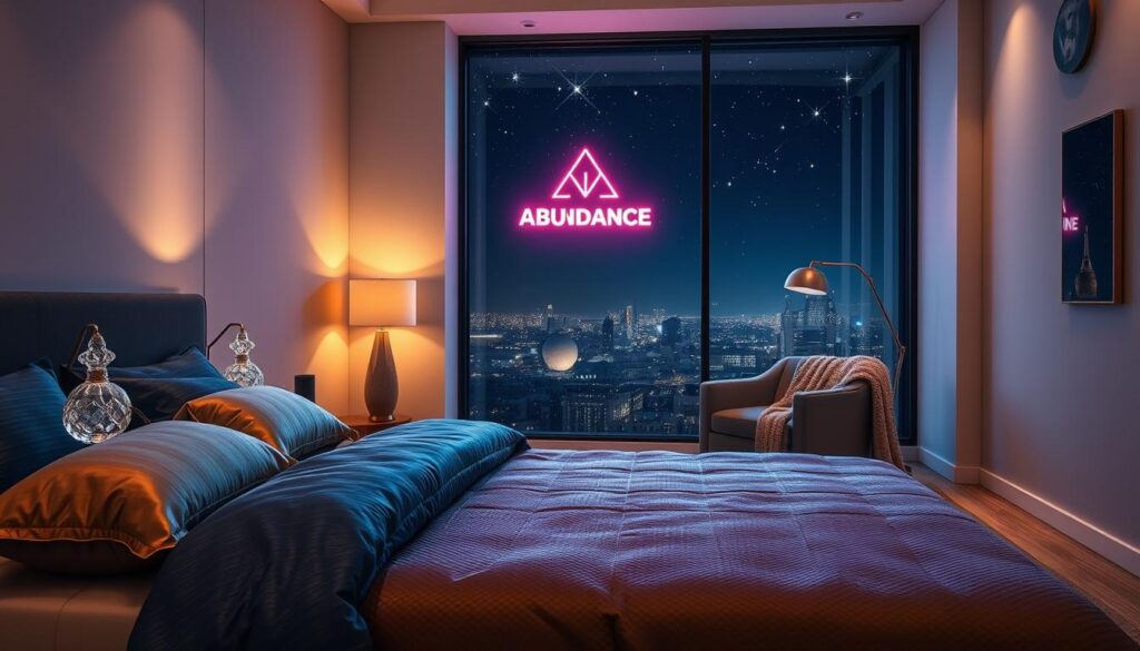 A serene bedroom setting bathed in soft, ambient lighting with a futuristic touch. In the foreground, a neatly made bed with luxurious, textured bedding in deep blue and gold tones reflects wealth and comfort. A polished nightstand holds an elegant crystal lamp, casting a warm glow. The middle ground features a stylish armchair draped with a plush throw, and a gentle glow emanates from a neon sign on the wall with abstract shapes representing abundance and prosperity. In the background, a large window reveals a night sky filled with twinkling stars and subtle neon colors. The atmosphere is calm and inviting, embodying a sense of tranquility and mindfulness, perfect for manifesting wealth while asleep. Aim for a high-end magazine advertisement aesthetic, capturing the essence of adult Gen Z sensibilities.