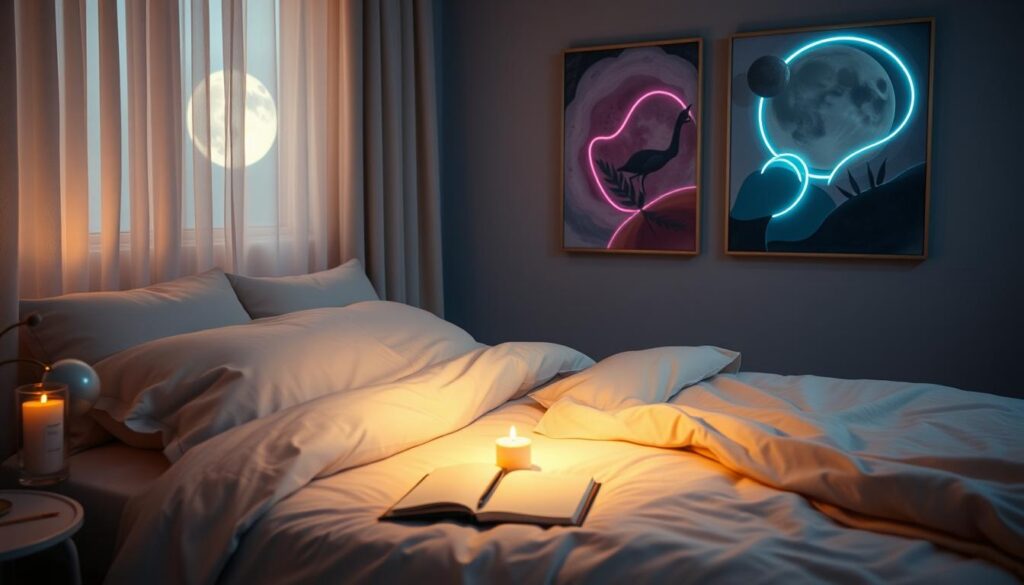 A serene bedroom setting designed for relaxation at night. In the foreground, a neatly made bed with plush, inviting pillows and soft blankets in calming pastel colors. A small bedside table holds a glowing candle and a journal with a pen, suggesting intention-setting. The middle layer features a softly glowing moonlight streaming through sheer curtains, casting gentle shadows. In the background, abstract art with dreamcore elements and neon colors adds a modern touch to the room, creating a whimsical yet sophisticated atmosphere. The overall mood is tranquil and reflective, emphasizing the theme of clarity and mindfulness before sleep. The lighting is soft, warm, and inviting, enhancing the sense of peace and intention.
