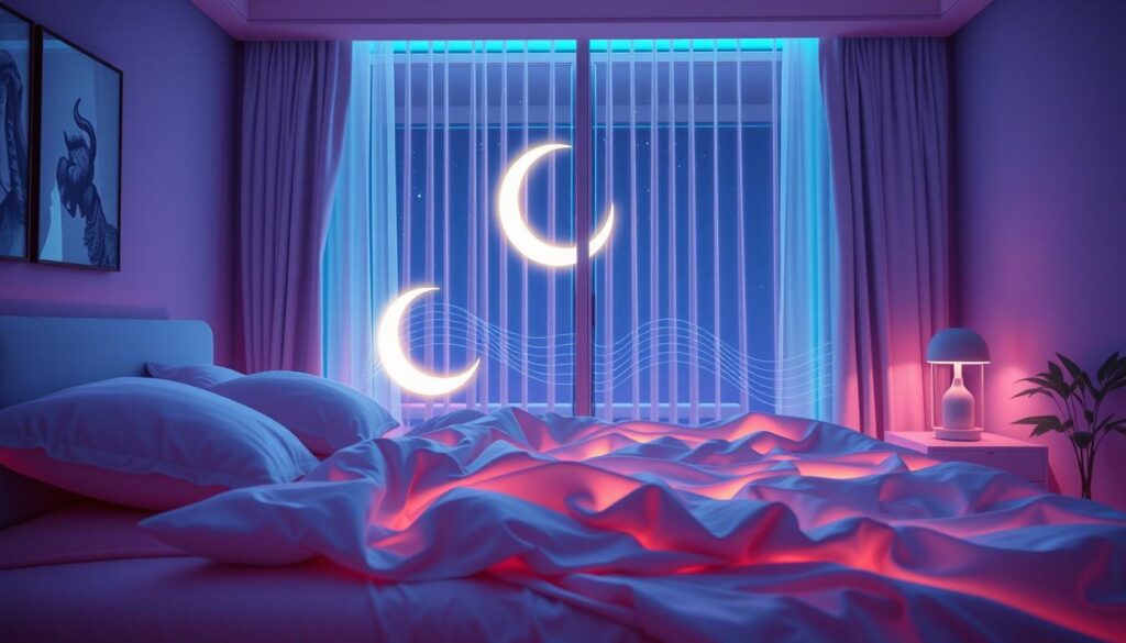A serene bedroom setting filled with soft, ambient neon colors to convey a calming atmosphere. In the foreground, a modern bed with plush pillows is adorned with a luminous, dreamcore-inspired blanket. A sleek sound system rests on a bedside table, emitting gentle waves of sound represented visually as soft, swirling lines of light. In the middle, a glowing crescent moon casts a soothing light, enhancing the tranquil vibe. The background features a large window with curtains gently billowing, showcasing a starlit night sky. The overall mood is peaceful and inviting, designed to inspire a sense of relaxation and focus on manifestation. The lighting is soft and magical, with a focus on blues and purples to create a dreamy experience. The scene captures the essence of a nighttime binaural beats manifestation session, incorporating elements appealing to adult Gen Z aesthetics.