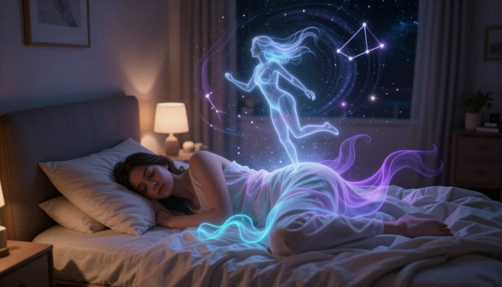 A serene bedroom setting infused with dreamlike elements, featuring a person peacefully sleeping in a cozy bed, their body subtly glowing to indicate an astral projection. In the foreground, soft, luminescent wisps of colors—neon blues and purples—flow around the sleeping figure, symbolizing the journey beyond the physical realm. The middle ground showcases a translucent outline of the person's ethereal self slowly rising above the bed, floating gently towards a swirling, starry void adorned with constellations. The background is a dark, cosmic expanse, creating a contrast with the warm, inviting bedroom ambiance. Use soft, ambient lighting to enhance the serene mood, capturing a sense of wonder and tranquility. The angle should focus on the elevated perspective, conveying both the physical and astral realms, while maintaining a sense of mystery and exploration.