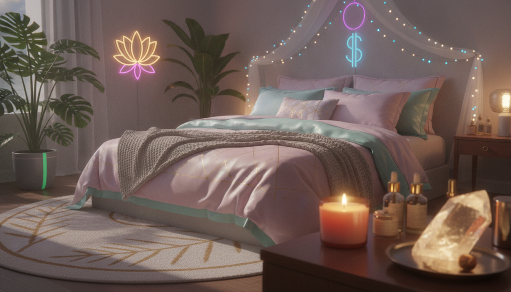 A serene bedroom space designed for wealth manifestation, featuring a cozy, neatly made bed with luxurious linens in soft pastels and calming textures. In the foreground, a small table holds a flickering candle, essential oils, and a crystal for attracting abundance. The middle ground showcases a plush rug with subtle gold accents, surrounded by soothing plants that enhance the tranquil atmosphere. The background includes softly glowing fairy lights draped above, casting a warm, inviting ambiance. The room is illuminated by gentle, diffused light, creating a peaceful vibe perfect for meditation and manifestation. The overall mood is calm and focused, embodying the aspiration of attracting wealth in a dreamcore aesthetic, with hints of neon colors subtly integrated into decor elements.