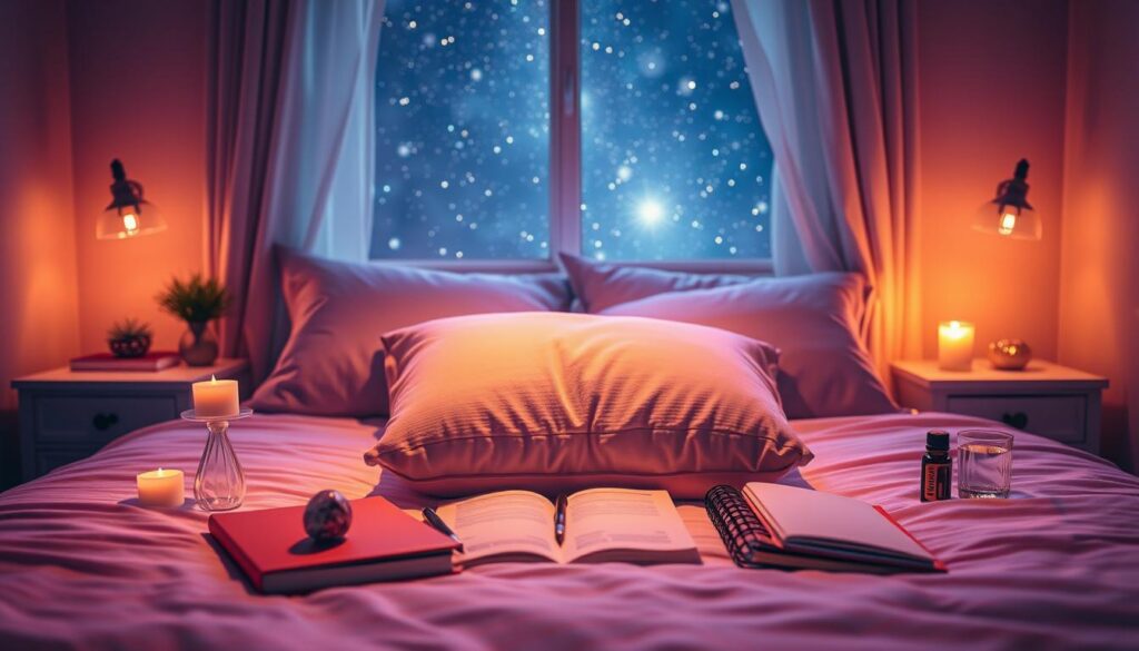 A serene bedside scene featuring an elegant collection of bedtime manifestation supplies. In the foreground, a plush, inviting pillow rests atop a neatly made bed, surrounded by colorful dream journals and beautifully crafted pens. Flanking the pillow are softly glowing candles and a small crystal for positive energy. The middle ground includes a nightstand adorned with essential oils and a delicate glass of water. In the background, a softly lit window reveals a starry night sky, casting a gentle glow throughout the room. The color palette is dreamlike, with neon hues of purple and blue, creating a tranquil, inspiring atmosphere. The perspective is from an angle that emphasizes the bedside, as if inviting the viewer into a cozy, mindful space. The lighting is warm and soft, resembling the golden hour to enhance the peaceful mood. A serene bedside scene featuring an elegant collection of bedtime manifestation supplies. In the foreground, a plush, inviting pillow rests atop a neatly made bed, surrounded by colorful dream journals and beautifully crafted pens. Flanking the pillow are softly glowing candles and a small crystal for positive energy. The middle ground includes a nightstand adorned with essential oils and a delicate glass of water. In the background, a softly lit window reveals a starry night sky, casting a gentle glow throughout the room. The color palette is dreamlike, with neon hues of purple and blue, creating a tranquil, inspiring atmosphere. The perspective is from an angle that emphasizes the bedside, as if inviting the viewer into a cozy, mindful space. The lighting is warm and soft, resembling the golden hour to enhance the peaceful mood.