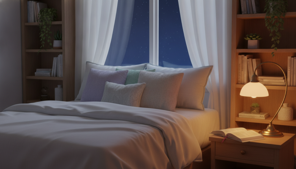 A serene bedtime scene unfolds in a cozy bedroom. In the foreground, a soft, fluffy bed adorned with pastel-colored pillows and a lightweight blanket invites relaxation. A warm glow emanates from a vintage bedside lamp, casting gentle light on an open book resting on the nightstand. In the middle ground, a large window reveals a tranquil night sky, with faint twinkling stars peeking through sheer curtains, creating a dreamlike atmosphere. **In the background,** shelves filled with books and plants enhance the natural feel. The overall lighting is soft and warm, evoking a sense of calm. The mood is peaceful and inviting, perfect for fostering a serene mindset. Capture this scene from a slightly elevated angle to focus on the peacefulness of the space. A serene bedtime scene unfolds in a cozy bedroom. In the foreground, a soft, fluffy bed adorned with pastel-colored pillows and a lightweight blanket invites relaxation. A warm glow emanates from a vintage bedside lamp, casting gentle light on an open book resting on the nightstand. In the middle ground, a large window reveals a tranquil night sky, with faint twinkling stars peeking through sheer curtains, creating a dreamlike atmosphere. **In the background,** shelves filled with books and plants enhance the natural feel. The overall lighting is soft and warm, evoking a sense of calm. The mood is peaceful and inviting, perfect for fostering a serene mindset. Capture this scene from a slightly elevated angle to focus on the peacefulness of the space.