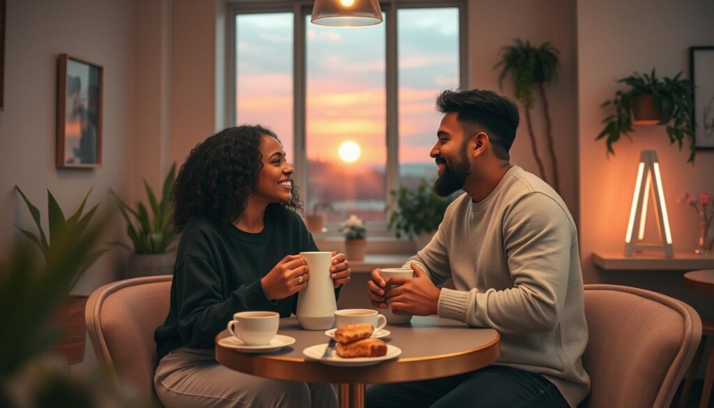 A serene café scene bathed in soft, warm lighting, capturing the essence of everyday soulmate signs. In the foreground, a diverse couple sits closely together at a small round table, sharing a playful glance and warm smiles while sipping coffee from artisanal mugs. The middle ground features a cozy ambiance with vibrant plants and artfully arranged plates of pastries. In the background, a window glows with a mesmerizing sunset, casting golden and pink hues throughout the space. The atmosphere is intimate and inviting, enhanced by gentle neon accents reflecting dreamcore aesthetics. The couple is dressed in stylish yet modest casual clothing, embodying a relaxed yet trendy vibe, ideal for a high-end magazine advertisement aimed at an adult Gen Z audience. A serene café scene bathed in soft, warm lighting, capturing the essence of everyday soulmate signs. In the foreground, a diverse couple sits closely together at a small round table, sharing a playful glance and warm smiles while sipping coffee from artisanal mugs. The middle ground features a cozy ambiance with vibrant plants and artfully arranged plates of pastries. In the background, a window glows with a mesmerizing sunset, casting golden and pink hues throughout the space. The atmosphere is intimate and inviting, enhanced by gentle neon accents reflecting dreamcore aesthetics. The couple is dressed in stylish yet modest casual clothing, embodying a relaxed yet trendy vibe, ideal for a high-end magazine advertisement aimed at an adult Gen Z audience.
