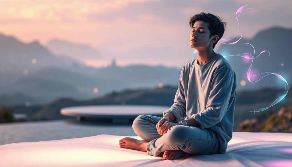 A serene, contemplative scene capturing the essence of past-life spiritual reflection. In the foreground, a young adult from Gen Z sits cross-legged on a soft, glowing surface, dressed in modest casual clothing. Their expression is thoughtful, eyes closed, symbolizing deep introspection. Surrounding them, ethereal wisps of neon-colored auras swirl gently, representing karmic energies and past experiences. In the middle ground, a reflective pool of water shimmers with hints of dreamlike colors, suggesting the connection to past lives. The background is a mystical landscape with hints of ancient symbols and soft, pulsating lights that evoke a sense of spiritual depth. The lighting is ambient, casting a soothing glow that creates a peaceful atmosphere, inviting the viewer to explore the journey of karmic debt and spiritual reflection.