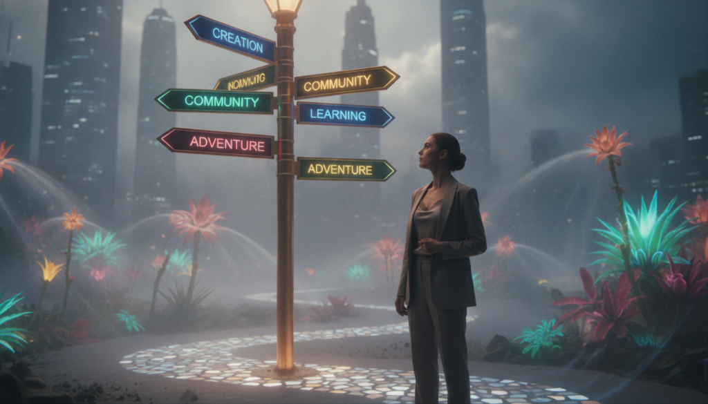 A serene, contemplative scene depicting a young adult woman in business casual attire, standing at a crossroads in a vibrant, dreamlike landscape. In the foreground, she is gazing thoughtfully at a large, illuminated signpost with multiple glowing arrows, each pointing in different directions, symbolizing various paths of inspired action. The middle ground features lush, neon-colored foliage and ethereal light beams piercing through a soft mist, creating a mystical atmosphere. In the background, there are softly blurred silhouettes of towering skyscrapers, hinting at ambition and growth. The lighting is bright yet soft, capturing the essence of optimism and clarity. The composition evokes a sense of inspiration and possibility, inviting viewers to recognize their own next steps. A serene, contemplative scene depicting a young adult woman in business casual attire, standing at a crossroads in a vibrant, dreamlike landscape. In the foreground, she is gazing thoughtfully at a large, illuminated signpost with multiple glowing arrows, each pointing in different directions, symbolizing various paths of inspired action. The middle ground features lush, neon-colored foliage and ethereal light beams piercing through a soft mist, creating a mystical atmosphere. In the background, there are softly blurred silhouettes of towering skyscrapers, hinting at ambition and growth. The lighting is bright yet soft, capturing the essence of optimism and clarity. The composition evokes a sense of inspiration and possibility, inviting viewers to recognize their own next steps.