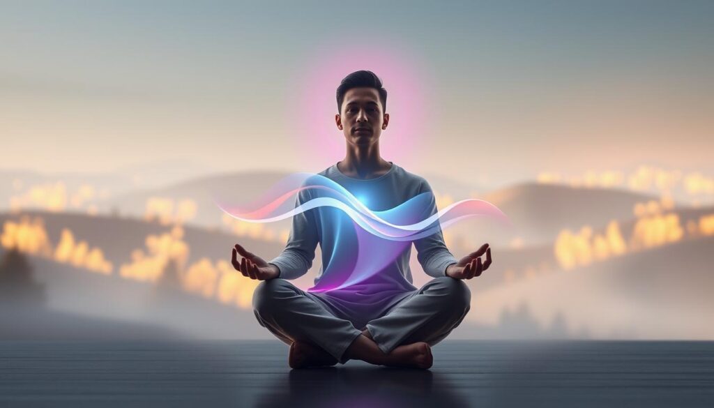 A serene, contemplative scene illustrating present moment awareness, featuring a figure seated cross-legged in a tranquil, dreamlike environment. In the foreground, the individual, dressed in comfortable yet stylish attire, exudes a sense of calm and focused presence. The middle layer showcases a luminous aura surrounding their body, symbolizing inner awareness and energy flow, with soft, abstract waves of light in neon colors merging into the background. In the background, a blurred landscape of gently glowing trees and ethereal hills creates a sense of depth, enhancing the dreamcore aesthetic. The lighting is soft and diffused, casting a gentle glow that evokes a meditative state. The atmosphere is peaceful, inviting the viewer to reflect on the power of living in the now, capturing the essence of mindfulness and tranquility. A serene, contemplative scene illustrating present moment awareness, featuring a figure seated cross-legged in a tranquil, dreamlike environment. In the foreground, the individual, dressed in comfortable yet stylish attire, exudes a sense of calm and focused presence. The middle layer showcases a luminous aura surrounding their body, symbolizing inner awareness and energy flow, with soft, abstract waves of light in neon colors merging into the background. In the background, a blurred landscape of gently glowing trees and ethereal hills creates a sense of depth, enhancing the dreamcore aesthetic. The lighting is soft and diffused, casting a gentle glow that evokes a meditative state. The atmosphere is peaceful, inviting the viewer to reflect on the power of living in the now, capturing the essence of mindfulness and tranquility.
