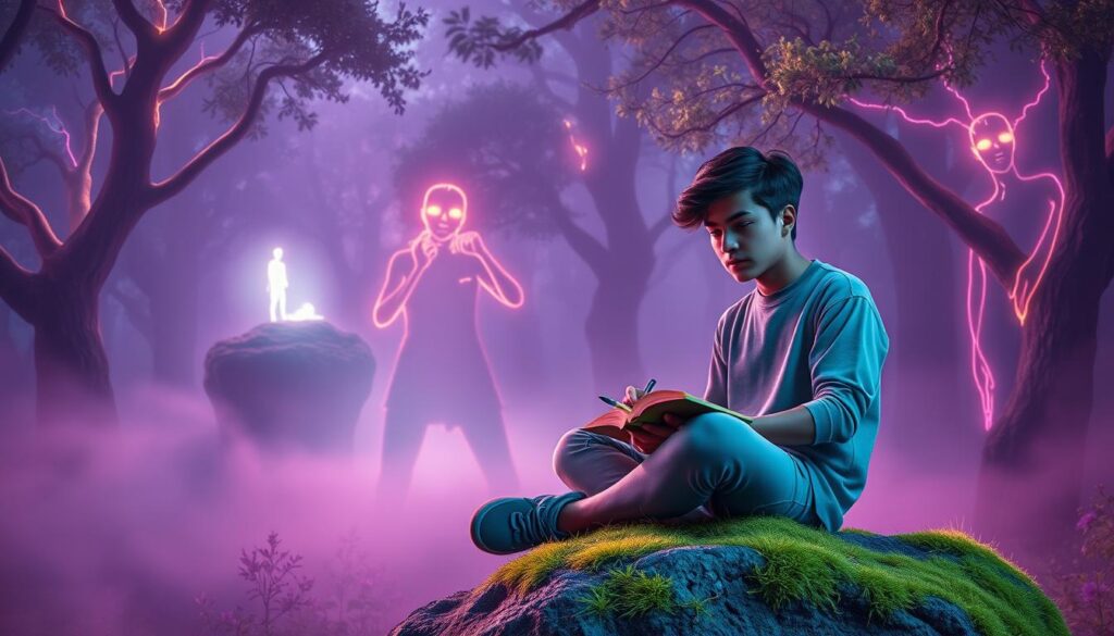 A serene, contemplative scene set in a mystical, dreamlike forest bathed in soft neon colors, capturing a moment of introspection. In the foreground, a young adult dressed in modest casual clothing sits cross-legged on a mossy rock, pen in hand, jotting down thoughts in a beautifully designed journal. The expression on their face reflects deep contemplation, as if questioning the very fabric of their beliefs. In the middle ground, ethereal figures appear as translucent silhouettes, representing thoughts and past belief systems. The background features towering, luminescent trees casting dappled light, with swirling fog that enhances the surreal atmosphere. The lighting is soft and diffused, creating a tranquil, introspective mood. The angle is slightly elevated, providing a panoramic view to suggest the vastness of thought and possibility.