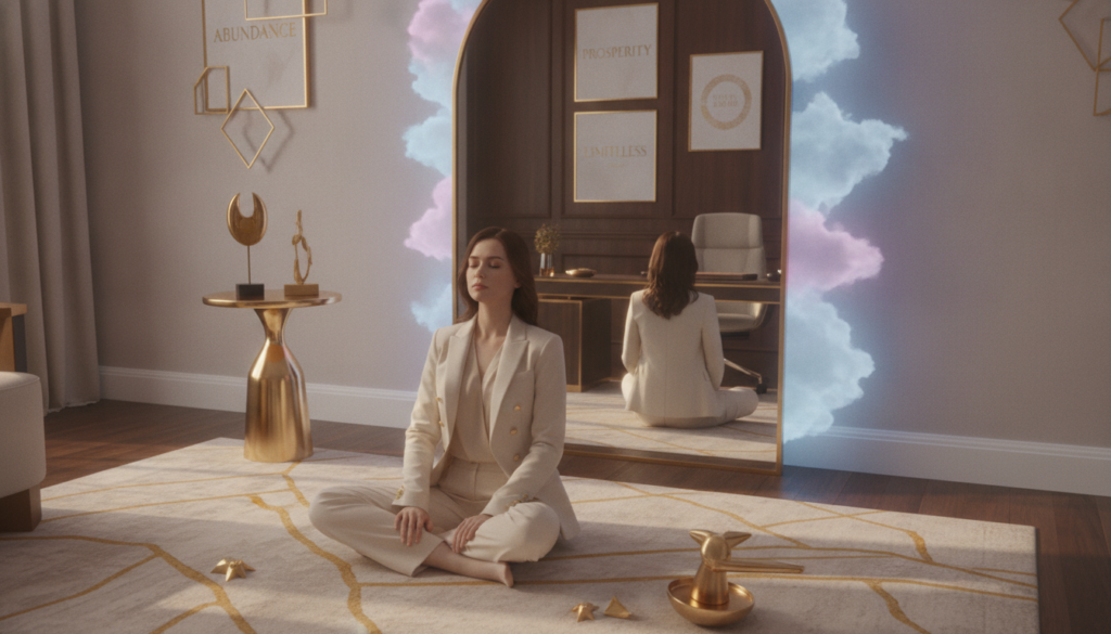 A serene, contemplative setting showcasing a young Caucasian woman practicing wealthy identity affirmations. In the foreground, she sits cross-legged on a plush, modern rug with elegant, gold-embellished décor surrounding her. Her attire is stylish yet professional, featuring a tailored blazer and tailored trousers. The middle ground reveals a large, sleek mirror reflecting her calm expression, with soft, ambient neon lights creating a dreamcore aesthetic illuminating the space. The background includes a glimpse of a luxurious home office with sophisticated furnishings and motivational artwork on the walls. The atmosphere is tranquil yet inspiring, captured with soft lighting to evoke a sense of focus and positivity, shot from a slightly elevated angle for a dynamic perspective.