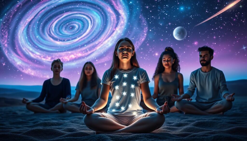 A serene cosmic landscape depicting a group of diverse adults, casually dressed in modern clothing, engaging in a meditation circle under a star-filled sky illuminated with ethereal hues of blue, purple, and vibrant neon colors. In the foreground, an individual with introspective expressions sits cross-legged, radiating a soft glow that symbolizes their 'starseed' essence. The middle section showcases others, each connected through gentle energy flows represented by luminous trails of light. The background features swirling galaxies and distant planets, creating a dreamlike atmosphere. Soft, ambient lighting enhances the celestial theme, with a slight lens flare to add depth. The overall mood is one of tranquility, exploration, and collective consciousness, inviting viewers to ponder the mysteries of starseed origins in contemporary spirituality.