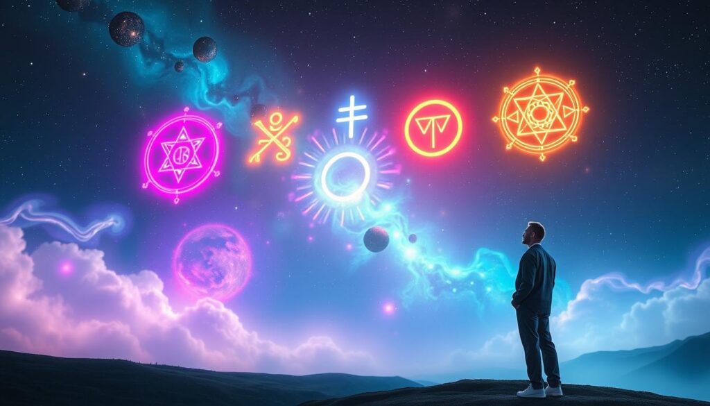 A serene cosmic landscape featuring ethereal representations of the 12 universal laws, illustrated as glowing symbols floating majestically. In the foreground, a wise figure in modest, professional clothing stands contemplatively, gazing toward the celestial symbols with an aura of wisdom. In the middle ground, a blend of vibrant neon colors creates a dreamlike atmosphere, with swirling galaxies and radiant lights embodying the spiritual origins of these laws. The background is adorned with a starry sky, casting a mystical glow over the scene. Soft, ambient lighting envelops the entire composition, highlighting the sense of wonder and discovery. The angle captures a slightly elevated perspective, enhancing the depth and grandeur of this spiritual exploration. A serene cosmic landscape featuring ethereal representations of the 12 universal laws, illustrated as glowing symbols floating majestically. In the foreground, a wise figure in modest, professional clothing stands contemplatively, gazing toward the celestial symbols with an aura of wisdom. In the middle ground, a blend of vibrant neon colors creates a dreamlike atmosphere, with swirling galaxies and radiant lights embodying the spiritual origins of these laws. The background is adorned with a starry sky, casting a mystical glow over the scene. Soft, ambient lighting envelops the entire composition, highlighting the sense of wonder and discovery. The angle captures a slightly elevated perspective, enhancing the depth and grandeur of this spiritual exploration.