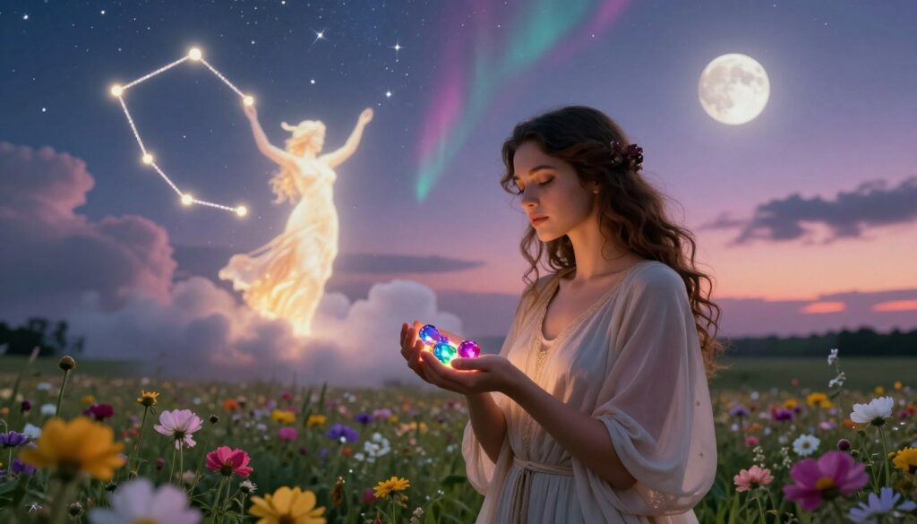 A serene cosmic landscape illustrating the concept of "love, beauty, and abundance" connected to Venus in Taurus. In the foreground, a gracefully adorned woman in elegant, modest attire stands amidst a lush field of blooming flowers, exuding an aura of tranquility and charm. Her hands are gently cradling shimmering gemstones that reflect various neon colors, symbolizing luxury. In the middle ground, a celestial arrangement of the Taurus constellation and an ethereal silhouette of Venus glows brightly, surrounded by soft clouds and pastel-colored auroras. The background features a dreamy twilight sky with stars twinkling as the moon casts a soft, warm light over the scene. The overall atmosphere is enchanting and harmonious, evoking feelings of abundance and joy. A serene cosmic landscape illustrating the concept of "love, beauty, and abundance" connected to Venus in Taurus. In the foreground, a gracefully adorned woman in elegant, modest attire stands amidst a lush field of blooming flowers, exuding an aura of tranquility and charm. Her hands are gently cradling shimmering gemstones that reflect various neon colors, symbolizing luxury. In the middle ground, a celestial arrangement of the Taurus constellation and an ethereal silhouette of Venus glows brightly, surrounded by soft clouds and pastel-colored auroras. The background features a dreamy twilight sky with stars twinkling as the moon casts a soft, warm light over the scene. The overall atmosphere is enchanting and harmonious, evoking feelings of abundance and joy.