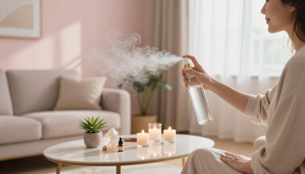 A serene, cozy living room showcasing the process of using smudge spray at home. In the foreground, a well-dressed adult woman gently sprays a mist of smudge spray from an elegant glass bottle, creating a soft vapor in the air. She wears comfortable, fashionable casual clothing, embodying a relaxed yet sophisticated vibe. In the middle, plants and crystals arranged on a stylish coffee table reflect peaceful energy, while candles emit a warm glow, enhancing the tranquil atmosphere. The background features soft, pastel-colored walls and sunlight filtering through sheer curtains, casting gentle shadows. The overall mood is calm and inviting, with an ethereal, dreamlike quality emphasizing well-being and home protection. Ideal lighting creates a bright scene with an atmosphere of serenity and positivity, reminiscent of high-end magazine advertisements. A serene, cozy living room showcasing the process of using smudge spray at home. In the foreground, a well-dressed adult woman gently sprays a mist of smudge spray from an elegant glass bottle, creating a soft vapor in the air. She wears comfortable, fashionable casual clothing, embodying a relaxed yet sophisticated vibe. In the middle, plants and crystals arranged on a stylish coffee table reflect peaceful energy, while candles emit a warm glow, enhancing the tranquil atmosphere. The background features soft, pastel-colored walls and sunlight filtering through sheer curtains, casting gentle shadows. The overall mood is calm and inviting, with an ethereal, dreamlike quality emphasizing well-being and home protection. Ideal lighting creates a bright scene with an atmosphere of serenity and positivity, reminiscent of high-end magazine advertisements.