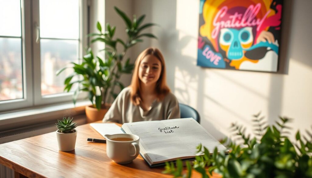 A serene, cozy workspace bathed in soft natural light filtering through a large window. In the foreground, a woman in modest casual clothing, with a peaceful expression, sits at a wooden desk adorned with a small potted succulent, a steaming cup of herbal tea, and a notebook open to a page that reads “Gratitude List.” In the middle ground, a lush green plant adds a touch of vitality, while a vibrant dreamcore-inspired abstract art piece hangs on the wall, featuring neon colors that evoke a sense of calm and creativity. In the background, a blurred cityscape can be seen outside the window, enhancing the atmosphere of inspiration and tranquility. The overall mood is uplifting and reflective, capturing the essence of gratitude and mindfulness. A serene, cozy workspace bathed in soft natural light filtering through a large window. In the foreground, a woman in modest casual clothing, with a peaceful expression, sits at a wooden desk adorned with a small potted succulent, a steaming cup of herbal tea, and a notebook open to a page that reads “Gratitude List.” In the middle ground, a lush green plant adds a touch of vitality, while a vibrant dreamcore-inspired abstract art piece hangs on the wall, featuring neon colors that evoke a sense of calm and creativity. In the background, a blurred cityscape can be seen outside the window, enhancing the atmosphere of inspiration and tranquility. The overall mood is uplifting and reflective, capturing the essence of gratitude and mindfulness.